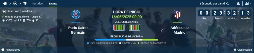 Menú de partidos de fútbol en 1xBet