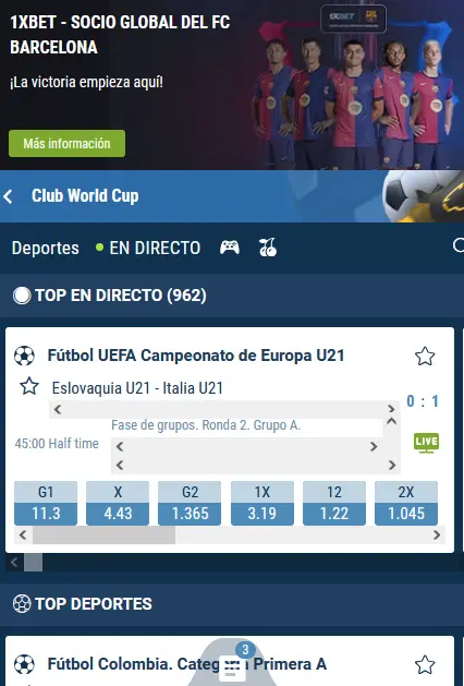 Página de inicio de la aplicación móvil en 1xBet