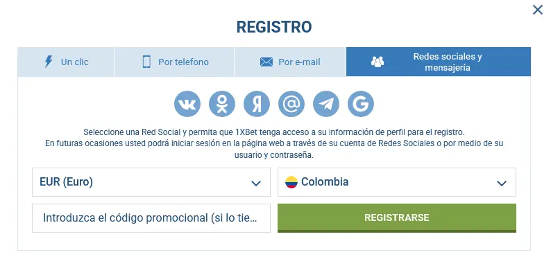 Registro a través de redes sociales en 1xBet