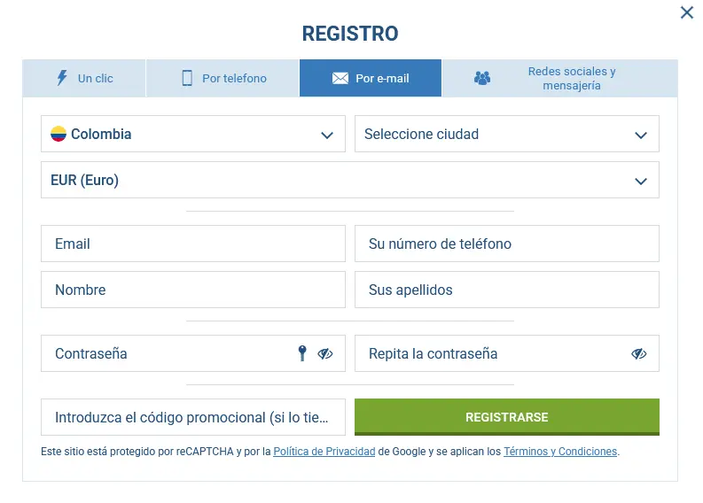 Registro por correo electrónico en 1xBet
