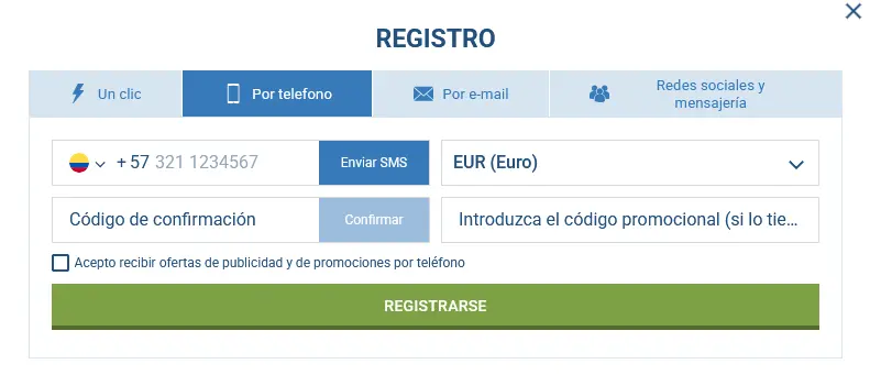 Registro por número de teléfono en 1xBet