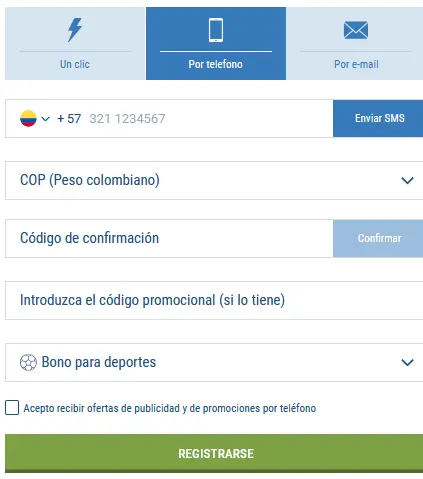 Registro por número de teléfono en la aplicación móvil de 1xBet